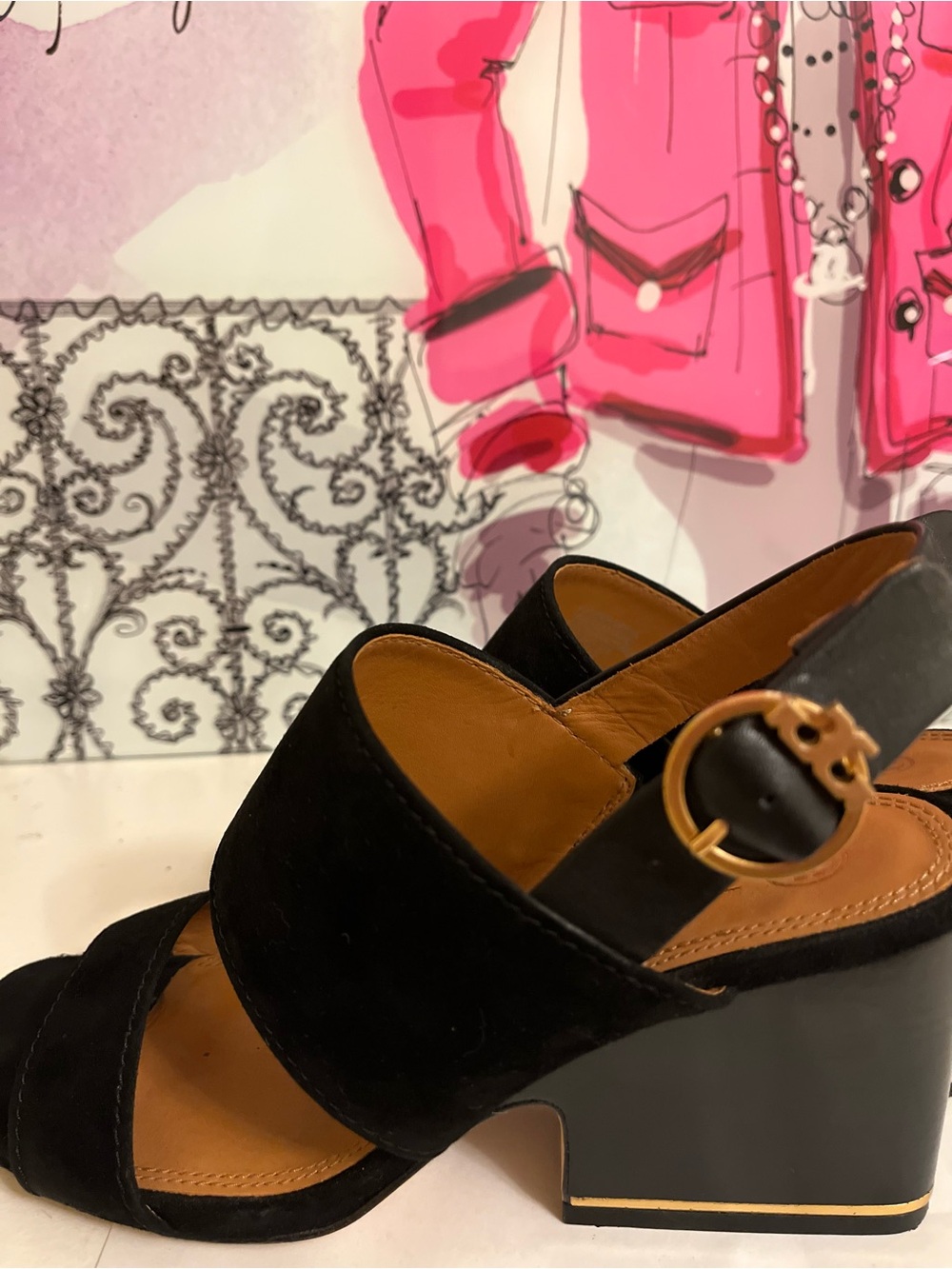 Tory Burch Black Suede Two-Band Slingback Sandals - Size 6.5 M